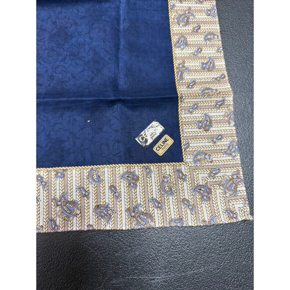 Celine Cotton Square Scarf*Beautiful Paisley Pattern*Navy Tan*Tags - Picture 3 of 3